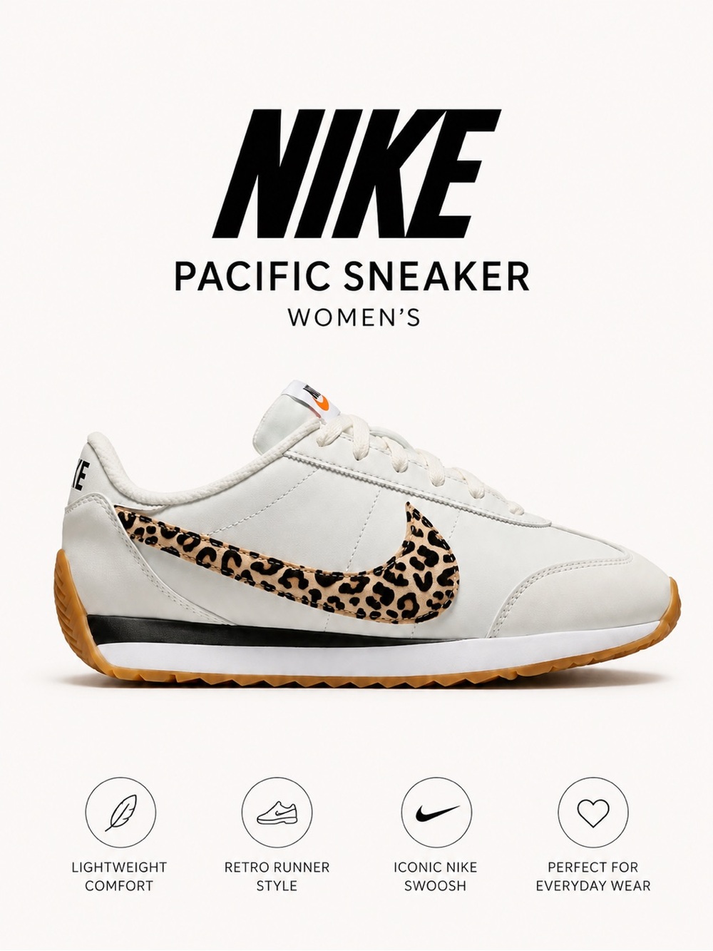 Nike Pacific Women’s Sneaker with a leopard-print Swoosh size 8 NWT in box